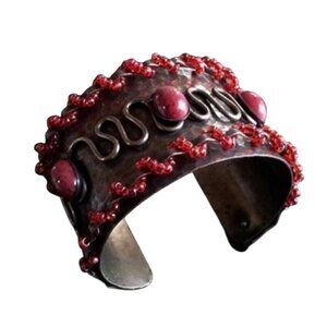 Handmade Antiqued Brass Red Glass Beads Squiggly Hammered Texture Cuff Bracelet